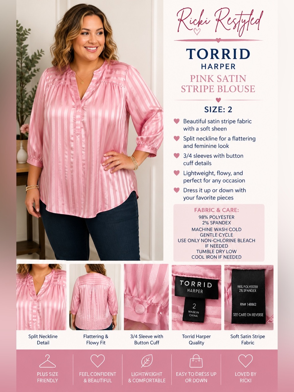 Torrid Harper Pink Satin Stripe Blouse Women’s - Picture 6 of 7